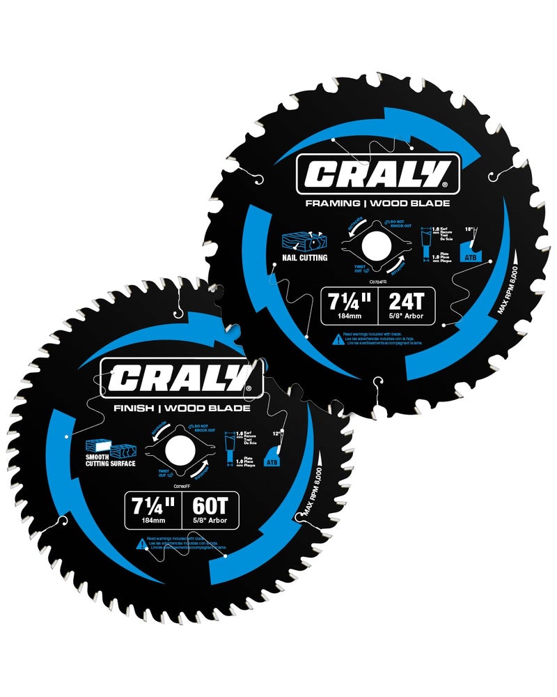 CRALY 7-1/4 Inch 24&60 Teeth Wood Cutting Framing/Fine Finish Circular Saw Blade, 5/8 Inch Arbor, Carbide Tipped, Thin Kerf, Black Ice™ Coating, for Plywood, MDF, OSB, Laminated, 2-Pack(C072460-2C) - Image 1